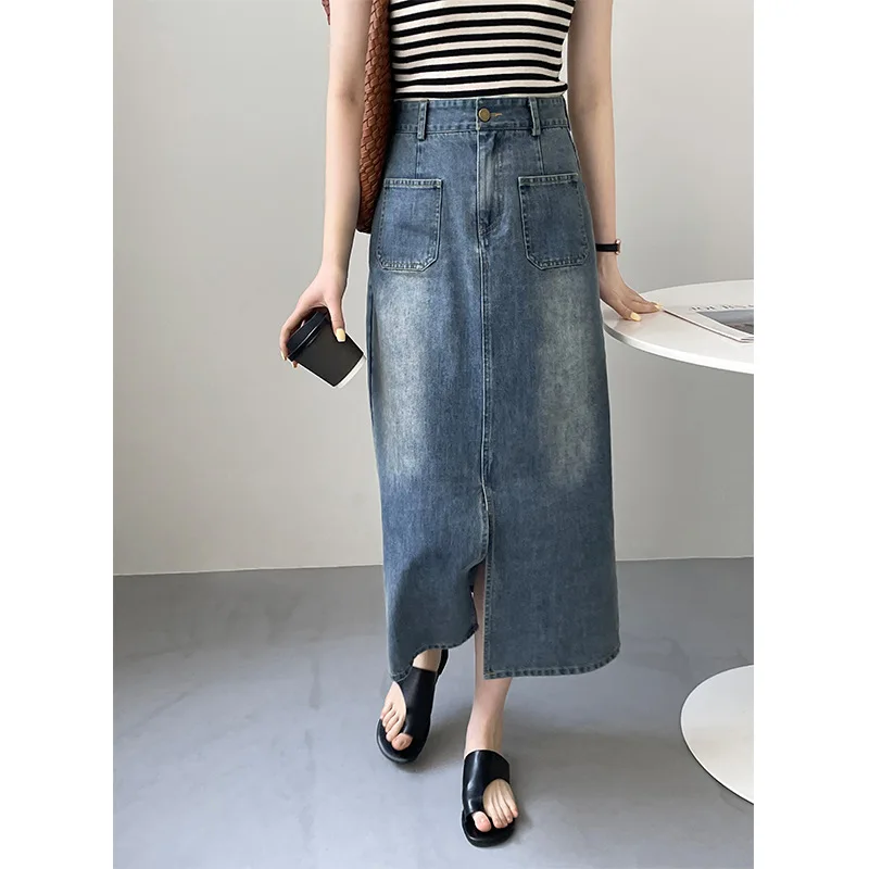 

Women's Spring Long Denim Skirts High Waist Vintage Skirt Femme Faldas Jupe Saia Women Stright Skirt