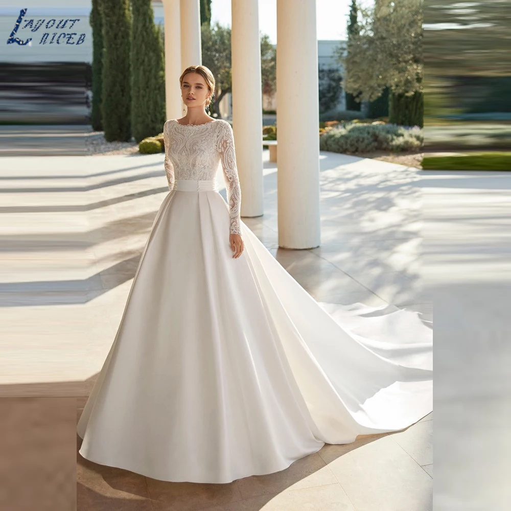 

Женское свадебное платье с длинным рукавом, круглым вырезом и открытой спиной Элегантное свадебное платье с длинными рукавами O воротнистые свадебные платья для женщин, открытые обратно на пол длины свадебное платье Эл