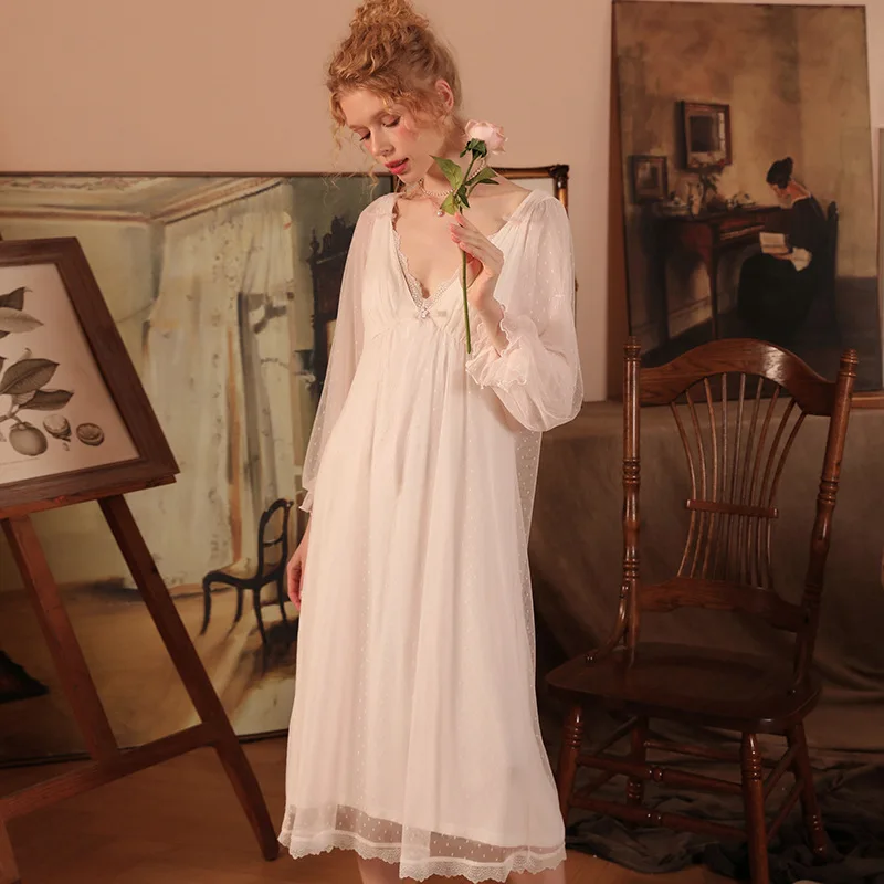 Women's Retro Court Style Elegant Chic Wave Point Gauze Modal Lining with Removable Chest Pad Nightgowns Sleepshirts Sleepwear