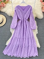 e girls purplebluegreen hollow out dress women vintage v neck puff sleeve high waist a line vestidos female spring autumn