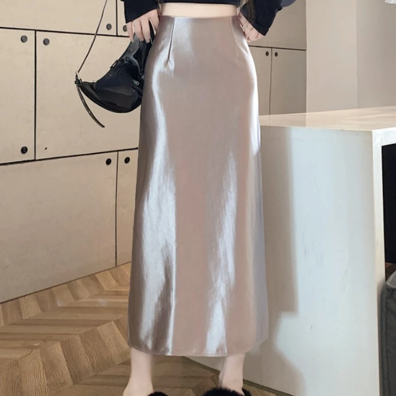 Юбка Женская атласная с высокой талией элегантная длинная приталенная юбка из