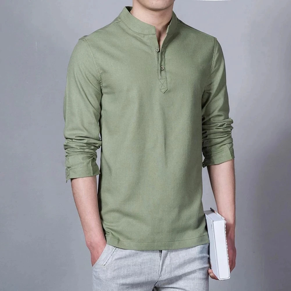 Camisa de lino transpirable para hombre, Jersey de manga larga con cuello levantado, ropa de negocios de Color sólido, novedad, enlarge
