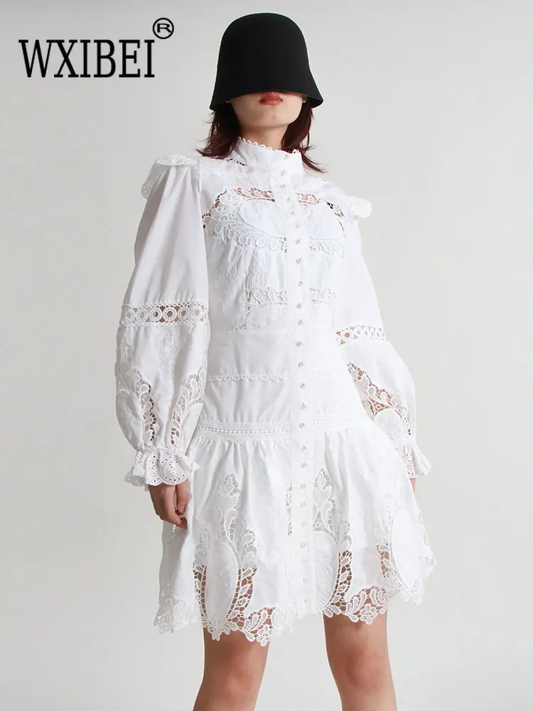 

WXIBEI Vintage Cut Out Dresses For Women Stand Collar Long Sleeve High Waist Embroidery Elegant Dress Female Clothing 2022 FC109