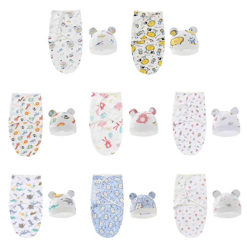 

Lovely Muslin Swaddle Blankets Neutral Receiving Wearable Hat Set for Children G2AE