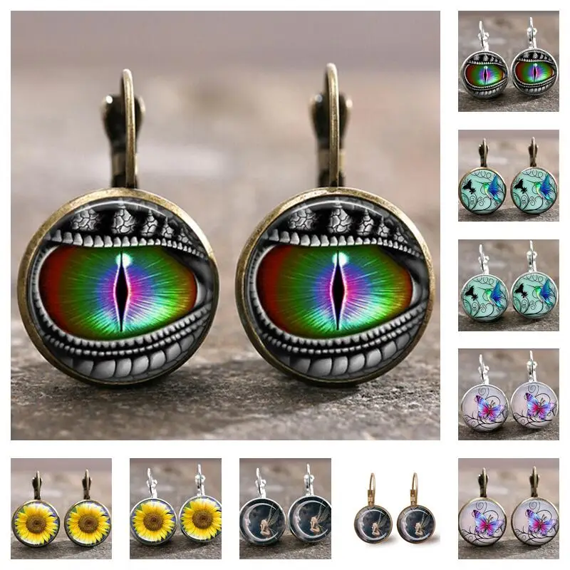 

Simple Compact, Women's Earrings, Embedded with Various Patterns, Silver Plated, Bronze Plated, Temperament Time Gem Pendant