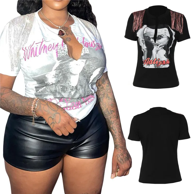 

Women Gothic Slim Fit T-Shirts Leisure Style Letter People Prints Short Sleeve Split Round Collar Sequins Decoration Tops Y2K