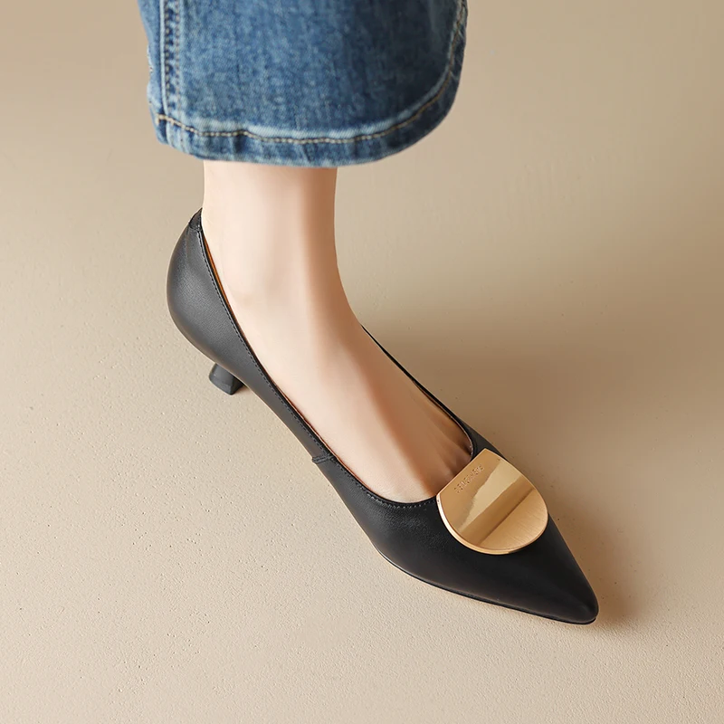 

Heihaian Korean Version Of Commuter High Heels Suitable For Women Metal Decoration Pointed Toe Shallow Mouth Shoes 33-42