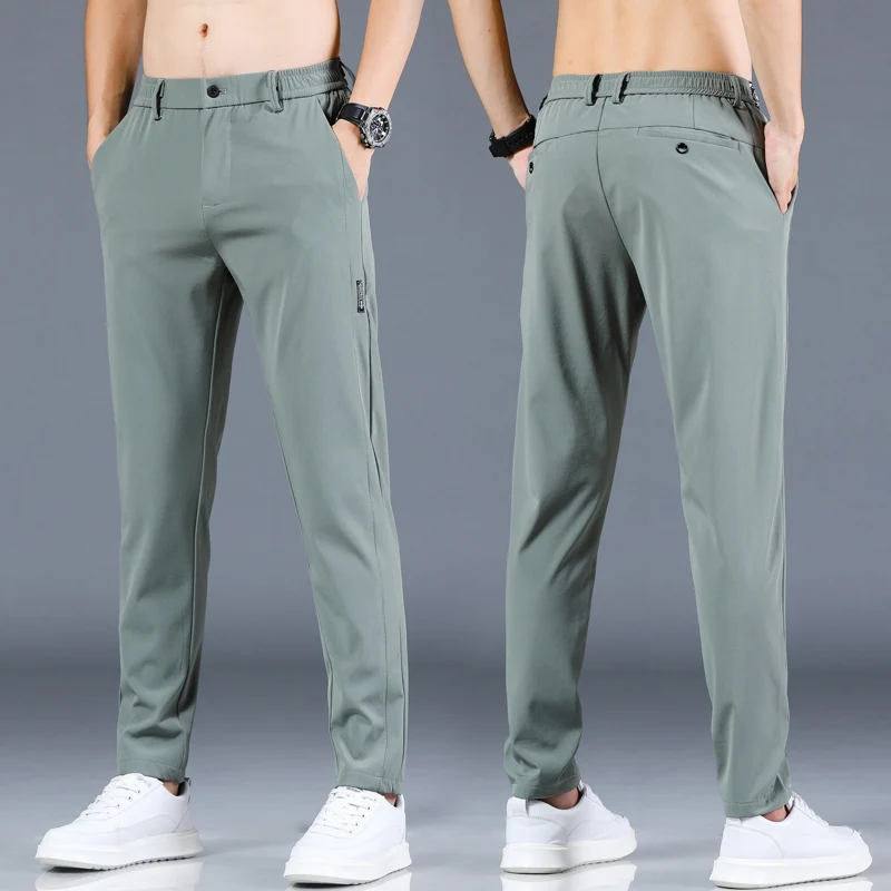 

Classic Men's Regular Straight Trousers Summer Thin Solid Elastic Waist Business Casual Pants Ice Silk Quick-drying Sweatpants