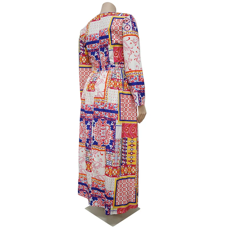 Indie Folk Ethnic O-Neck Pink Long Sleeve Pleated Skirt Vintage Print Bandage Plus Size Maxi Dress Spring Autumn Women Clothing