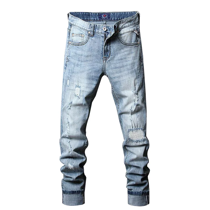 Fashion Designer Men Jeans Retro Light Blue Elastic Stretch Slim Fit Ripped Jeans Men Patched Vintage Casual Denim Pants Hombre