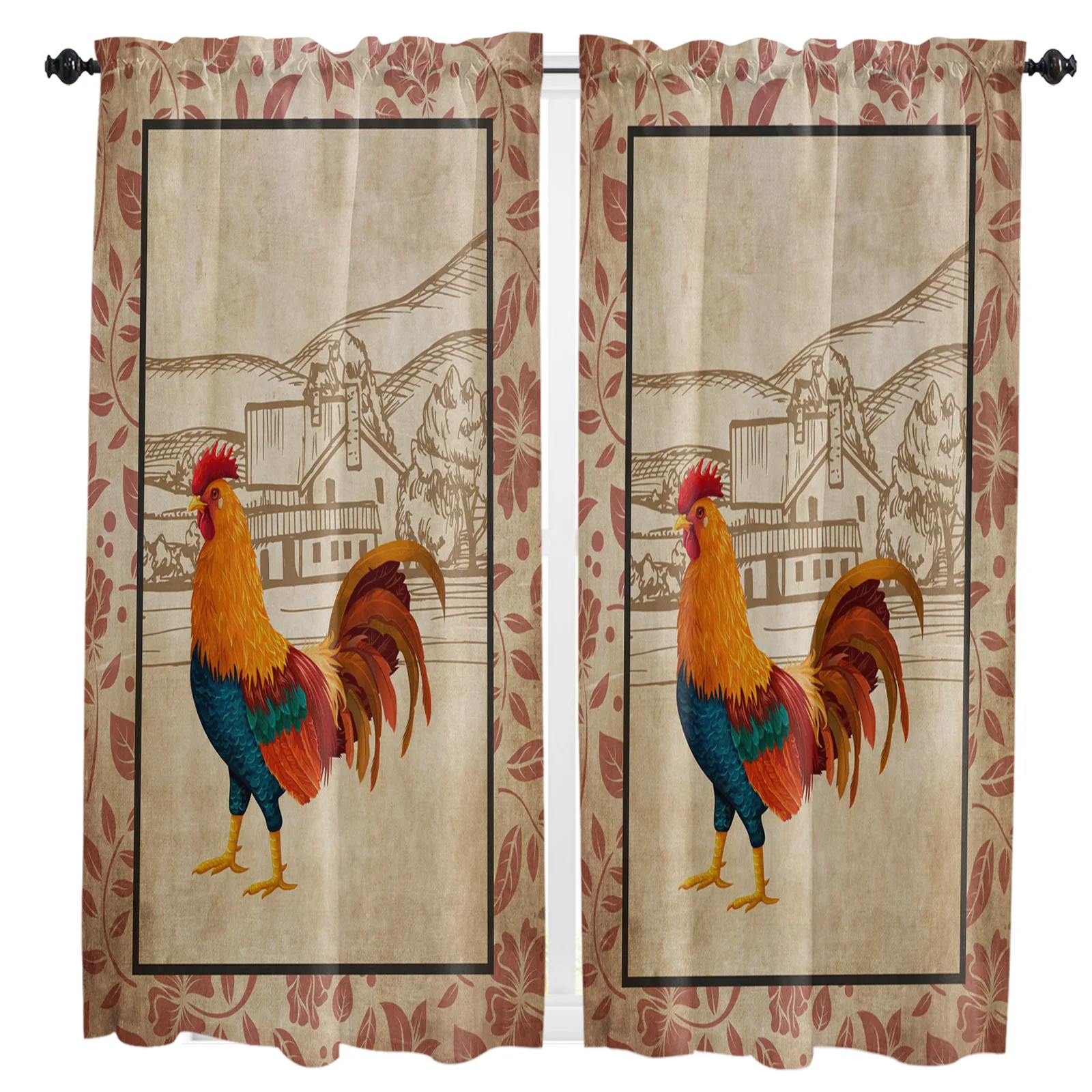 

Farm Rooster Pattern Retro Small Curtain Rod Pocket Short Curtains Half Drapes Partition Cabinet Door Window Curtains Home Decor