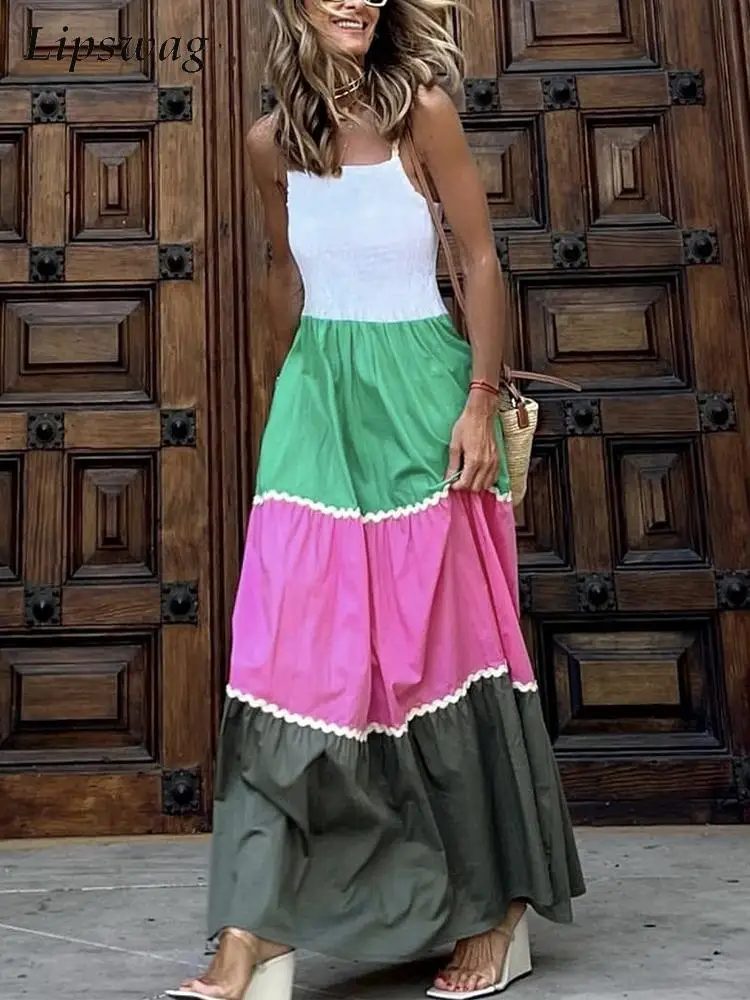 

Fashion Four Color Patchwork Long Dress Casual Women Loose Hem Beach Boho Dress Elegant Sexy Off Shoulder Suspenders Party Dress