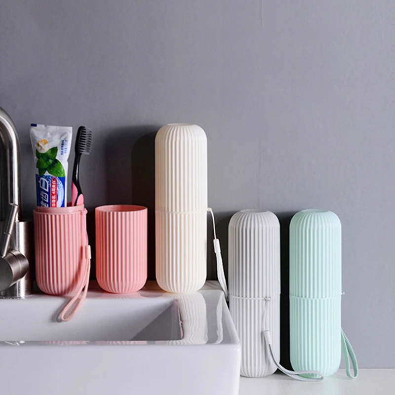 

Travel Portable Mouthwash Cup Vertical Stripe Toothbrush Cup Box Toothpaste Container Washing Toothbrush Set With Lanyard