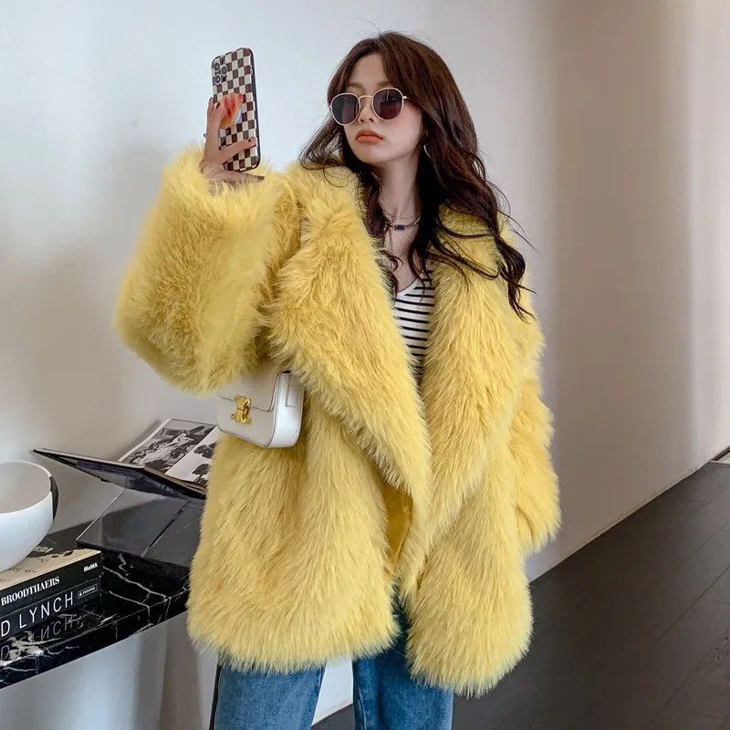 HOUZHOU Faux Fur Coat Winter 2022 Luxury Elegant Fashion Suit Collar Thick Warm Faux Fox Fur Cardigan Medium Length Fluffy Coat