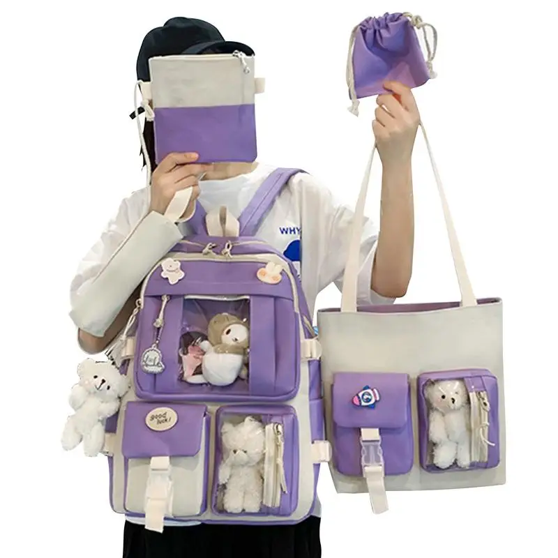 

Aesthetic Backpack For Girls Set Of 5 Backpack For Girls Women Backpack With Shoulder Bag Pencil Bags Tote Bag String Pouch Pins