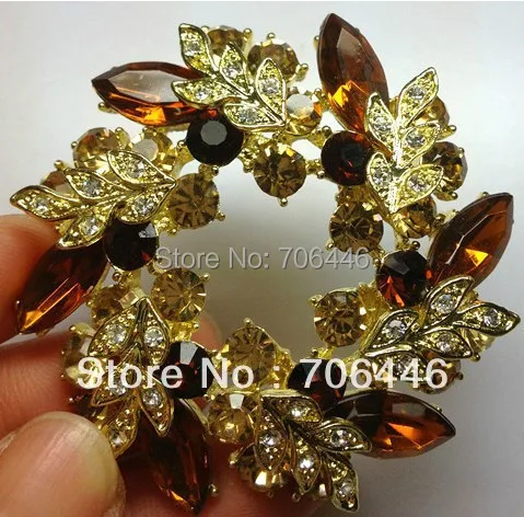 

2 Inch Gold Tone Brown Rhinestone Crystal Wreath Flower Bridal Pin Brooch
