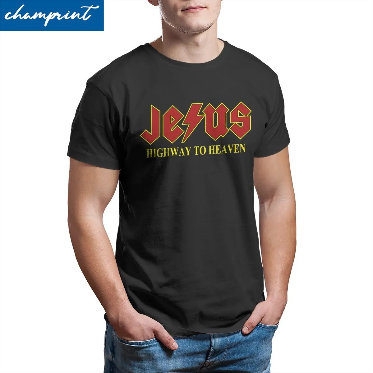 

Vintage Jesus Rocks Highway to Heaven T-Shirts for Men O Neck Cotton T Shirt Christ Christian Religion Tees Printed Clothing