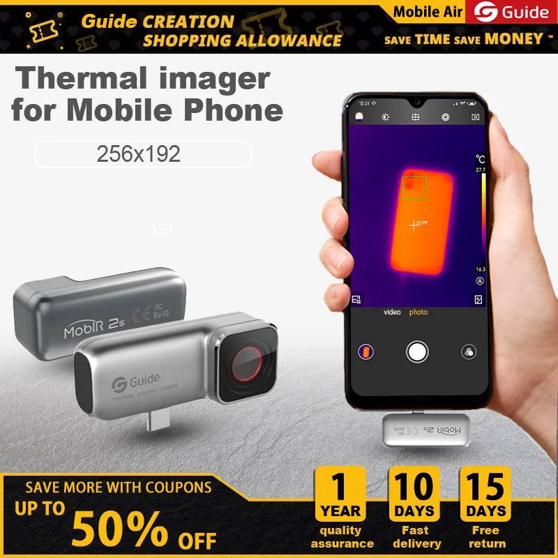 

Направляющее устройство для фотосъемки MobIR, устройство для фотосъемки с разрешением Android Type-C 256x192 25 Гц для использования внутри помещений или в производстве, инфракрасная камера