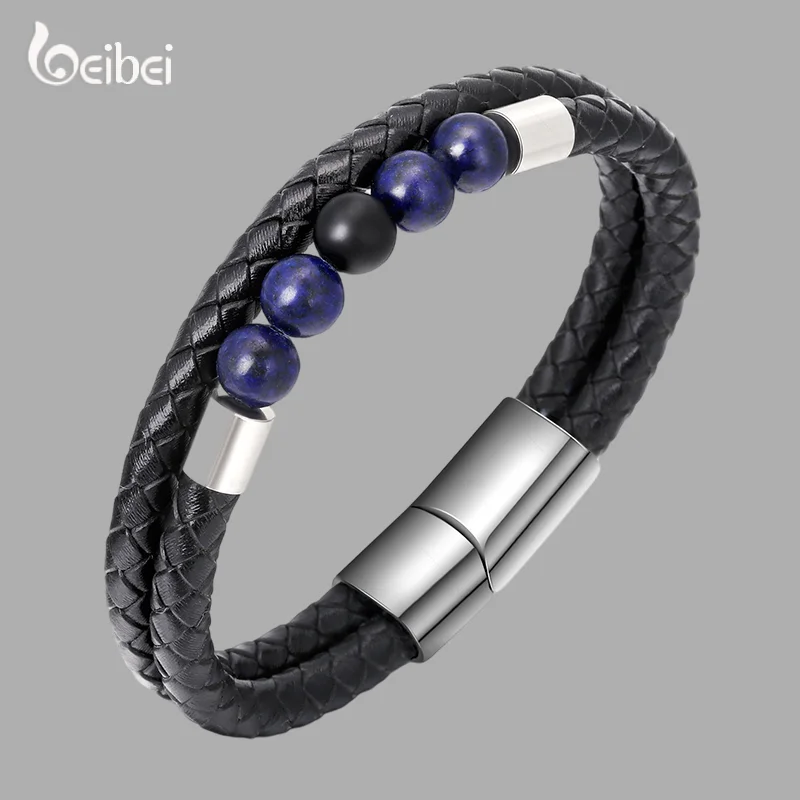 

Hot Sale Leather Bracelet Men Fashion Double Layer Hand-woven Leather With Lava Bead Combination Bracelet For Men Jewelry Gift