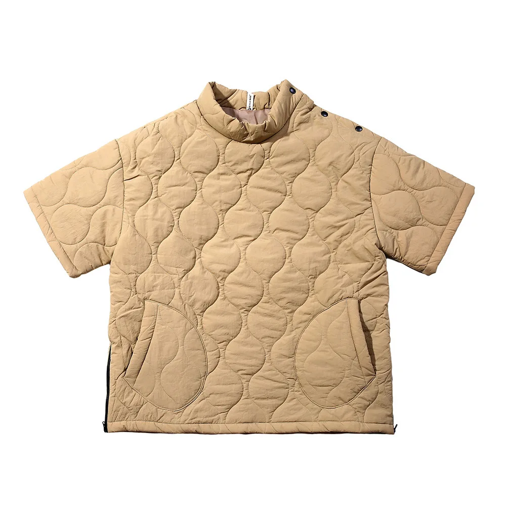 Short Sleeved Cotton Jacket Pullover Tops Men's Ins Niche Design Side Zipper Slit Shoulder Breasted Padded Jacket Winter Outwear