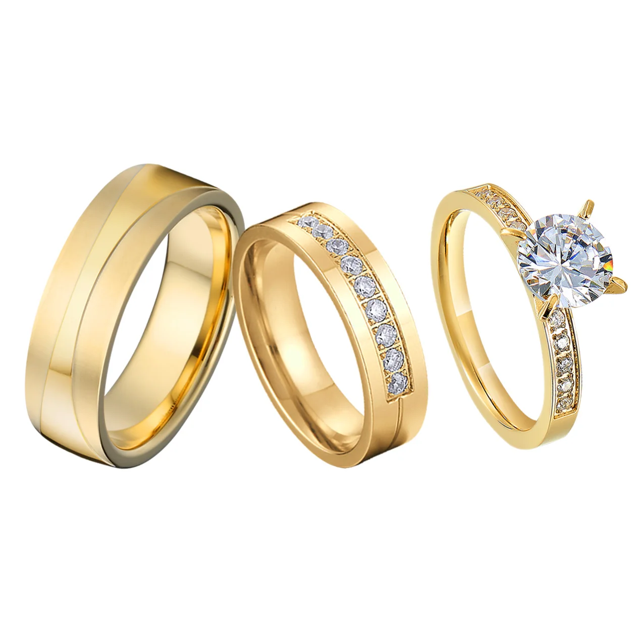 

Couple Engagement Rings cz Diamond 3pcs sets plated 24k gold dubai wedding rings jewelry for men and women Marriage Anniversary
