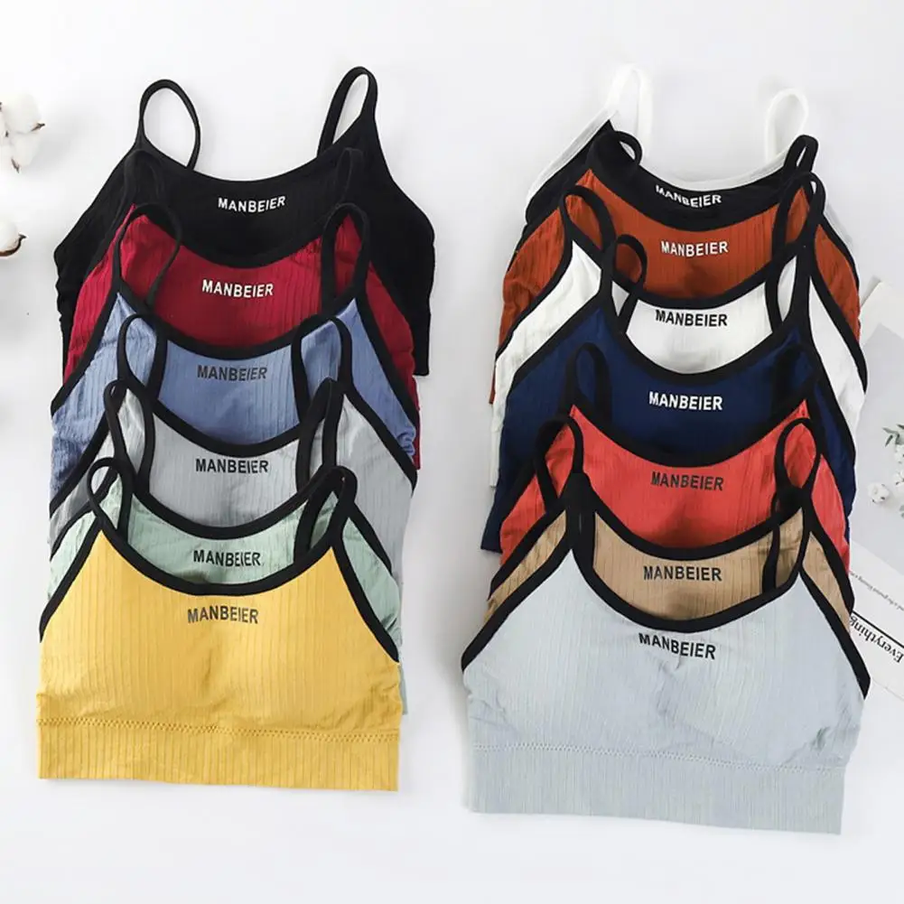 

Women Bra Letter Print Spaghetti Straps Wireless Bra Slim Fit Seamless Stretch Underwear Sexy Ladies Push-Up Bralette Crop Top