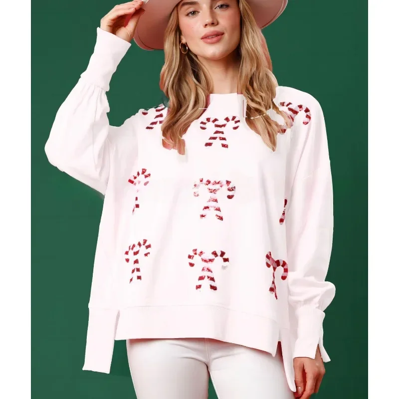 

Fashion Pullover Women Casual O-Neck Long Sleeve Tops Christmas Sequins Candy Ladies Sweatshirts Irregular Hem Split Ends Street