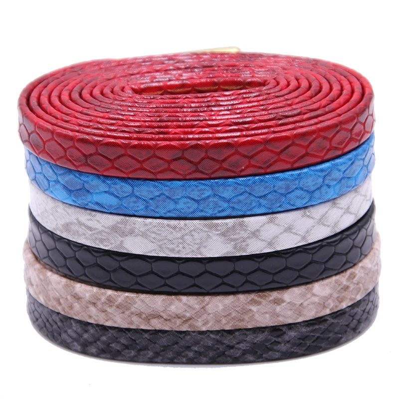 Weiou 7mm Flat Snake Skin Shoelaces White Red Grey Brown Luxury Leather Shoe Laces With Gold Metal Aglets For Sneakers Sports