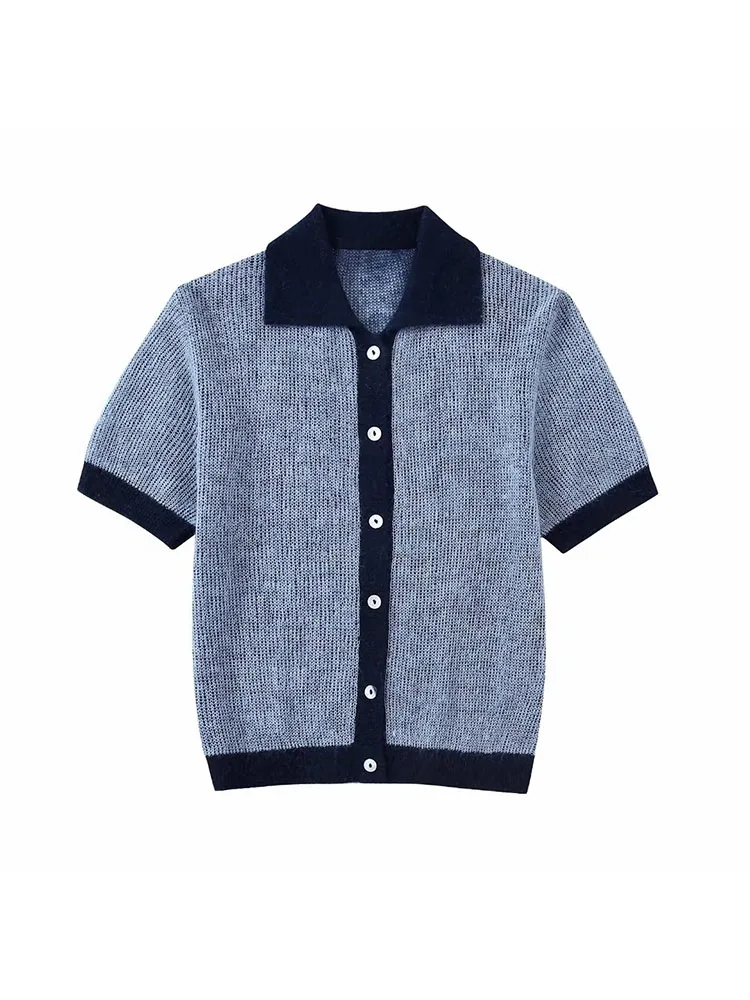 

Женская трикотажная рубашка-поло, повседневный однобортный приталенный свитер с отложным воротником и короткими рукавами в стиле ретро, ос...