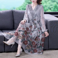 2022 women grey floral embroidery long sleeve midi dress spring autumn korean fashion mulberry silk dresses elegant bodycon robe