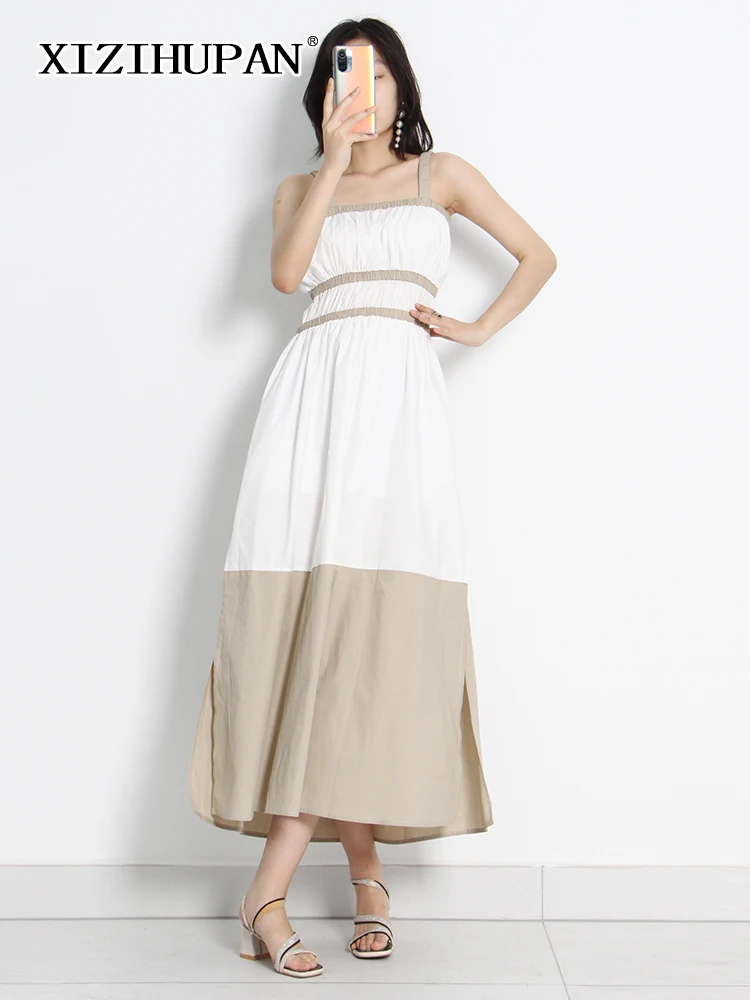 

XIZIHUPAN Casual Patchwork Dress For Women Square Collar Sleeveless High Waist Cut Out Colorblock Midi Dresses Female Clothing