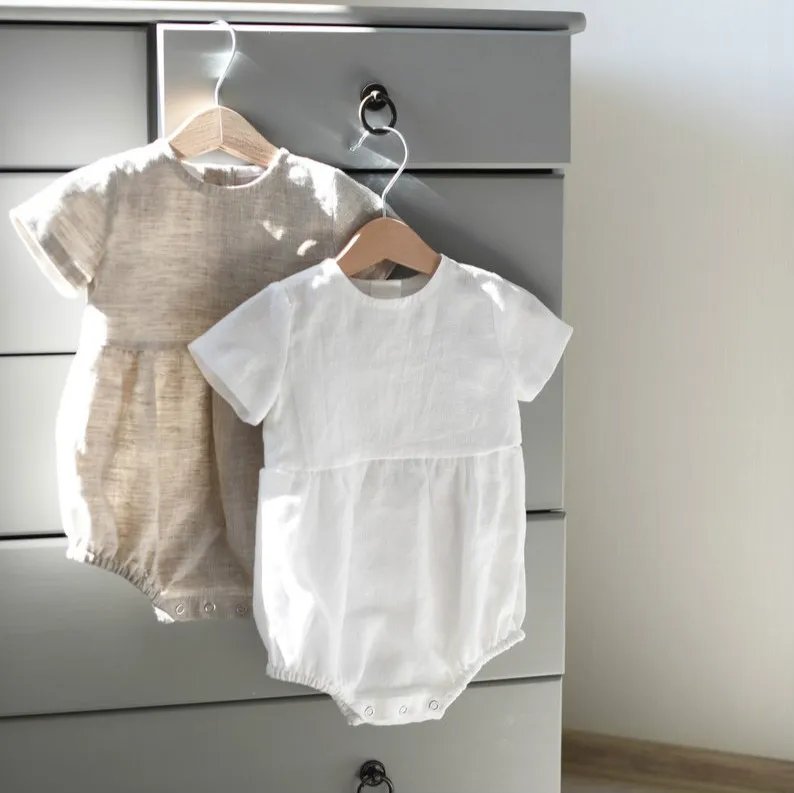

2023 Summer New Linen Newborn Bodysuit Solid Short Sleeve Infant Simplicity Creeper Infant Clothing