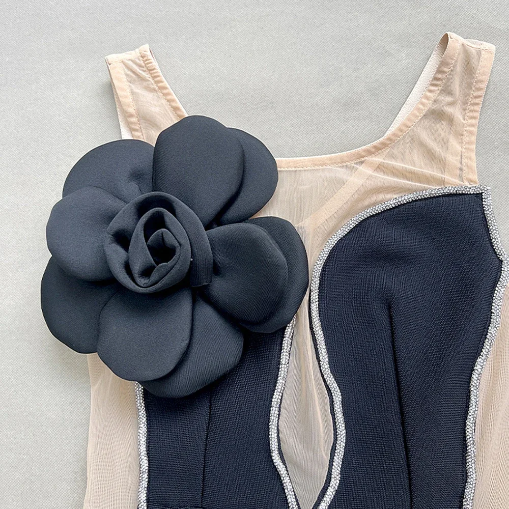 Женское черное сексуальное платье без рукавов с 3D цветочным узором плотное