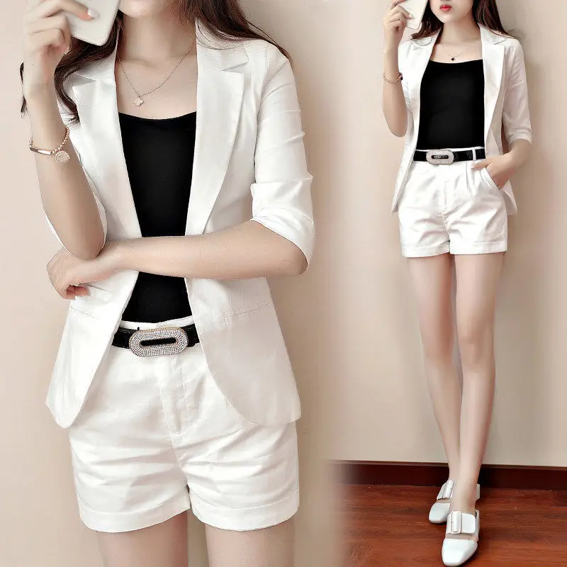 

Elegant Streetwear Women 2023 New Summer Korean Fashion 2 Piece Set Short Sleeve Blazer + High Waist Short Pant Tracksuit V5