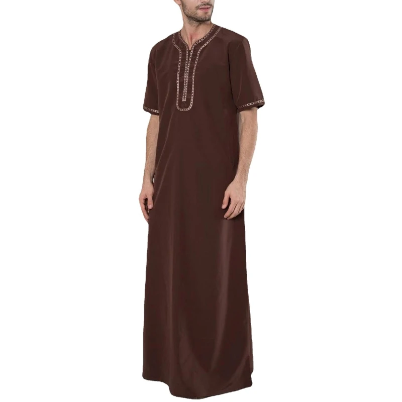 

Muslim Dresses for Mens Solid Color Half Sleeve Dubai Shirt Kaftan Thobe Robe Gown Straight Leisure Race Style Clothing F3MD
