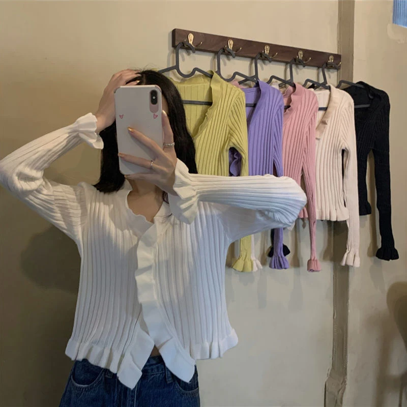 

Vintage Ruched V-Neck Cardigan Women Korean Style 2023 New Slim Short Knitted Tops Woman Autumn Sweet Long Sleeve Knit Cardigans