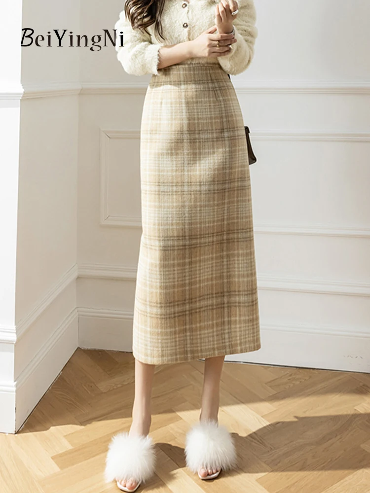 

Beiyingni Autumn Winter Elegant Pencil Maxi Skirts Women Plaid Vintage Woolen Slim OL High Waist A-line Long Skirt Office Ladies