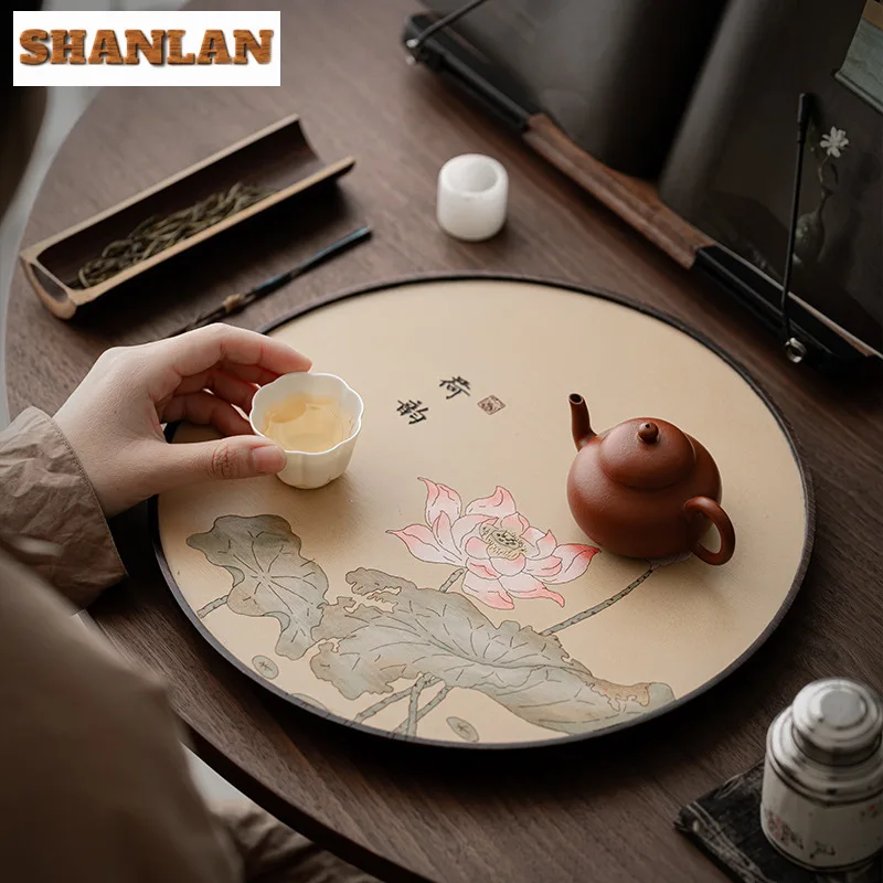 Круглый бамбуковый поднос для чая с лотосом расписанный вручную бутиковая