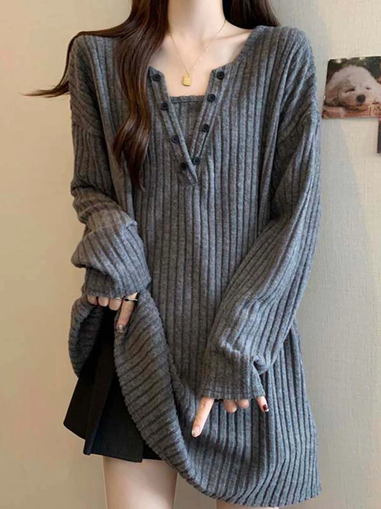 Plus Size Plus size women clothing Belly Covering Mid-Length Idle Sle Sweater Women's Autumn and Winter Fat Sister Loose Slim...