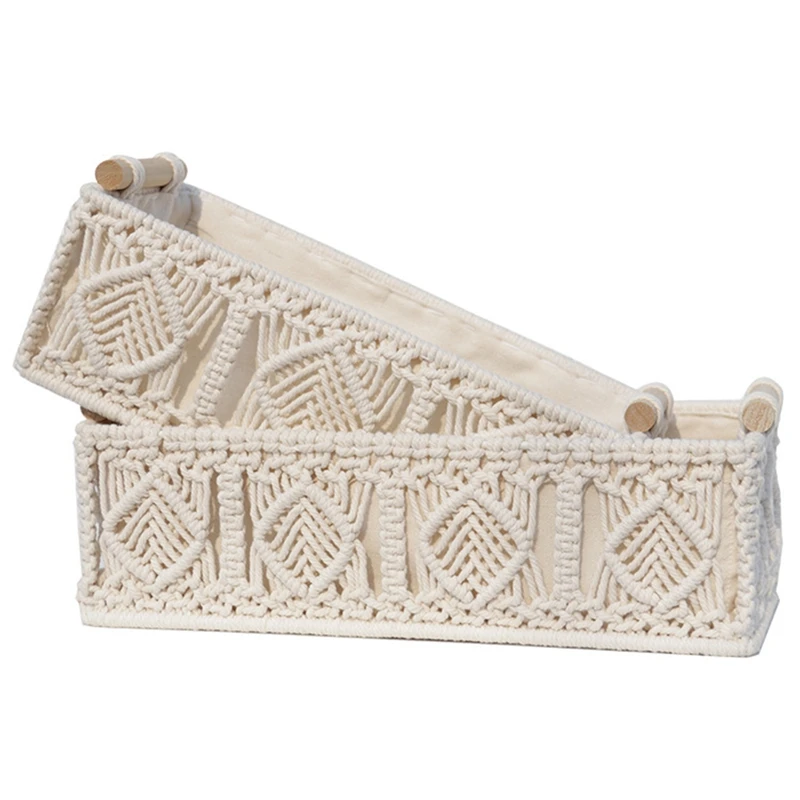 

2Pcs Bohemian Woven Cotton Rope Storage Basket Multifunctional Tissue Box Kitchen Living Room Bathroom Retro Decoration