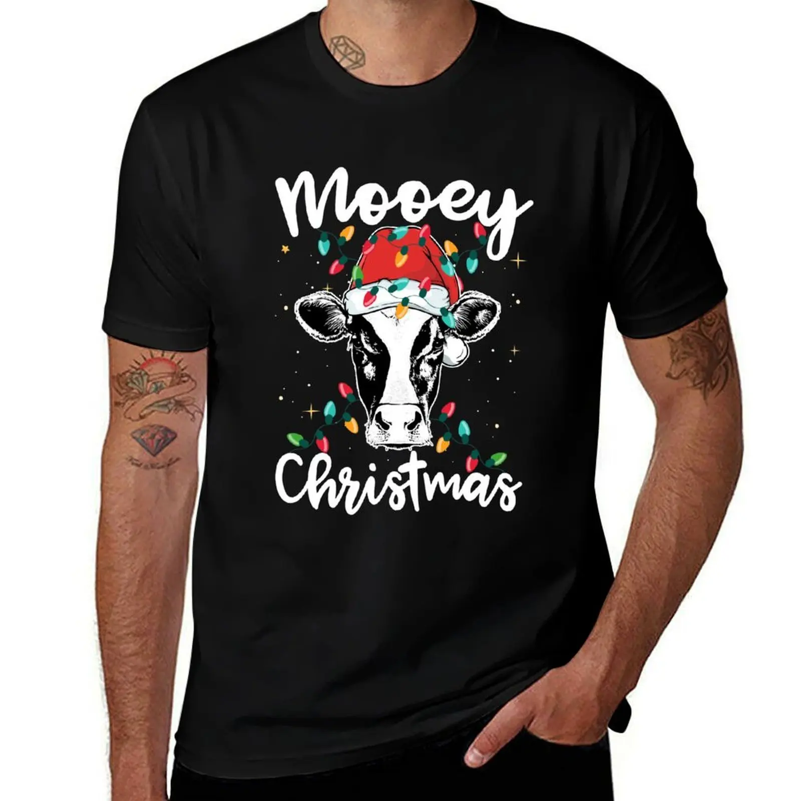 Фото Футболка для любителей коров Mooey Christmas Santa Heifer Xmas Lights, летняя футболка с эффектом прохлады №1
