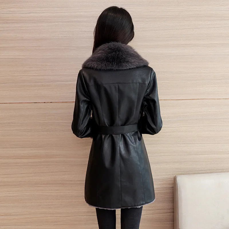 UHYTGF Winter Leather Jacket Women's Fashion Fur Collar Black Casual Warm Coat Female Quality PU Leather Overcoat Ladies 3XL 118