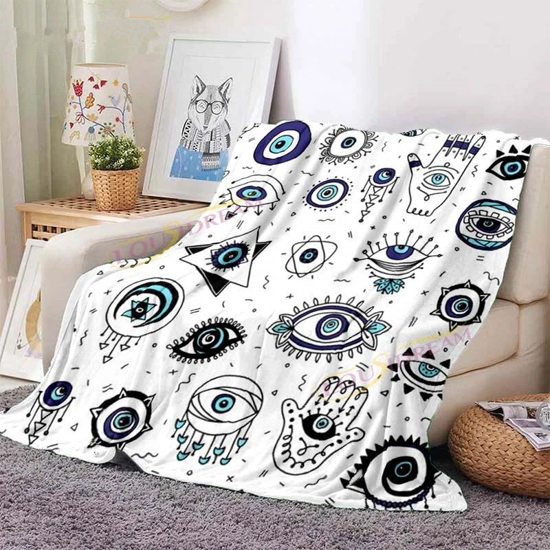 

Evil Eye Blanket Turkish Nazar Spiritual Art Blanket Vintage Mid Century Flannel Blanket Sofa Chair Throw Blanket Travel Blanket