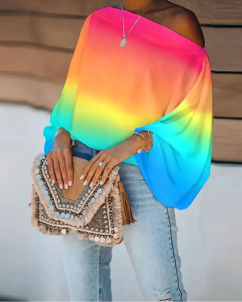 

CHAXIAOA 2022 летний женский топ с косым вырезом Омбре, повседневный шикарный топ с рукавами-фонариками