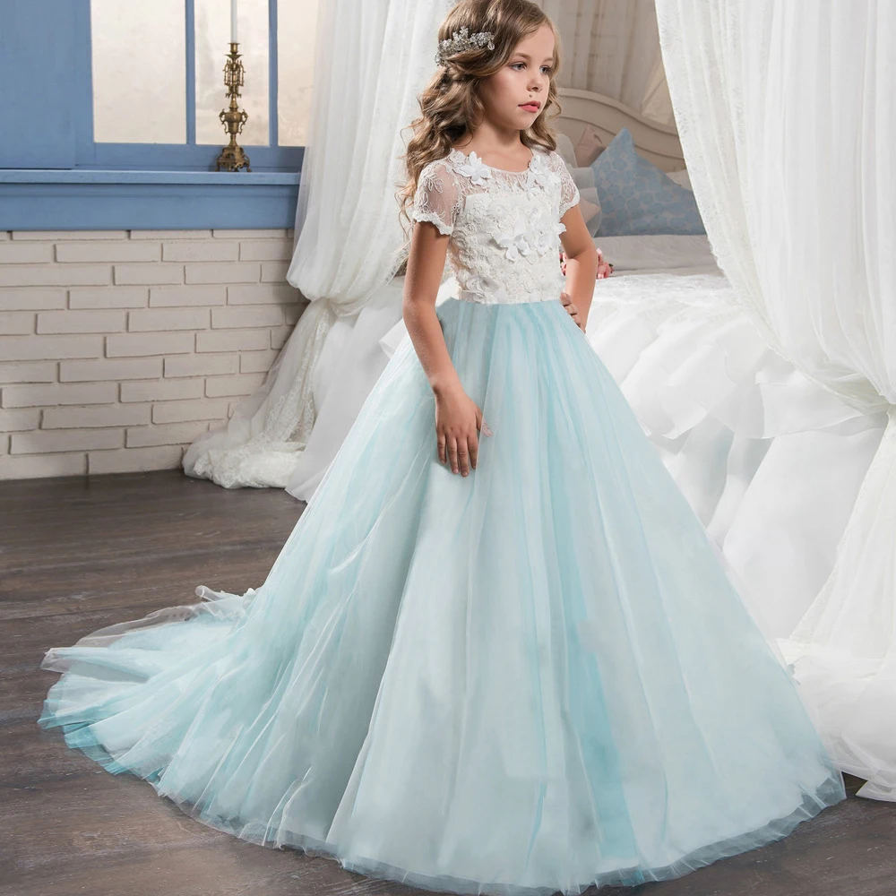

Flower Girls Dresses For Wedding Tulle Lace Long Girl Dress Party Christmas Dress Children Princess Costume For Kids 6 8 12 14T