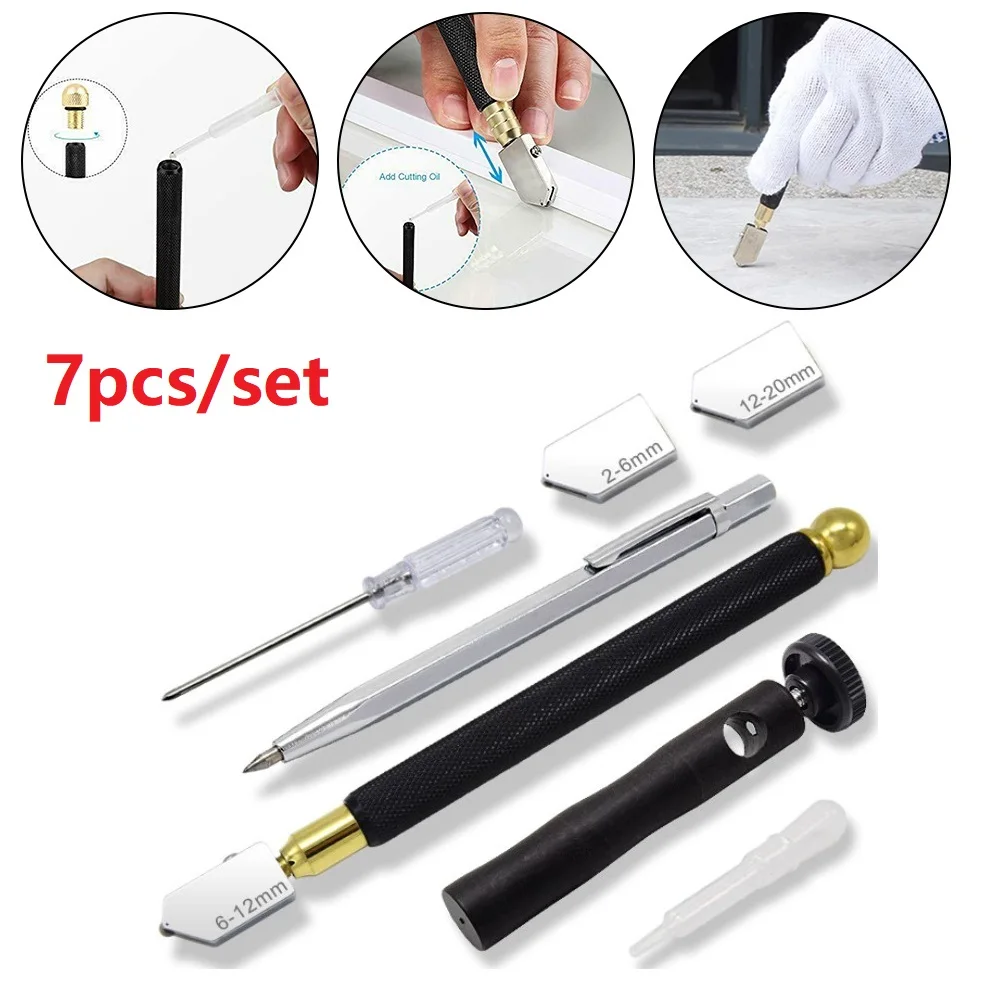 

7pc Glass Cutter Tool Set Diamond Glass Cutter With Cutter Head Screwdriver Line Drawing Pen Kit For Cutting 2-6/6-12/12-20mm