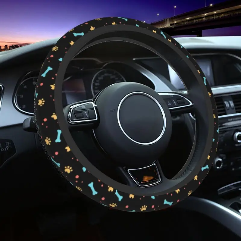 

Kawaii Vintage Dog Paws And Bones Steering Wheel Cover for Women Soft Steering Wheel Protector Universal Fit 14.5-15 Inch Car
