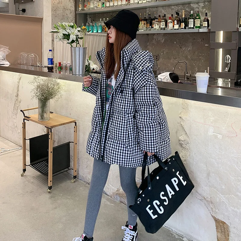 Cotton Padded High Waist Plaid Hooded Snow with Belt Light Weight Jacket Coat Warmer Parka Parka for Women Winter Puffer Jacket