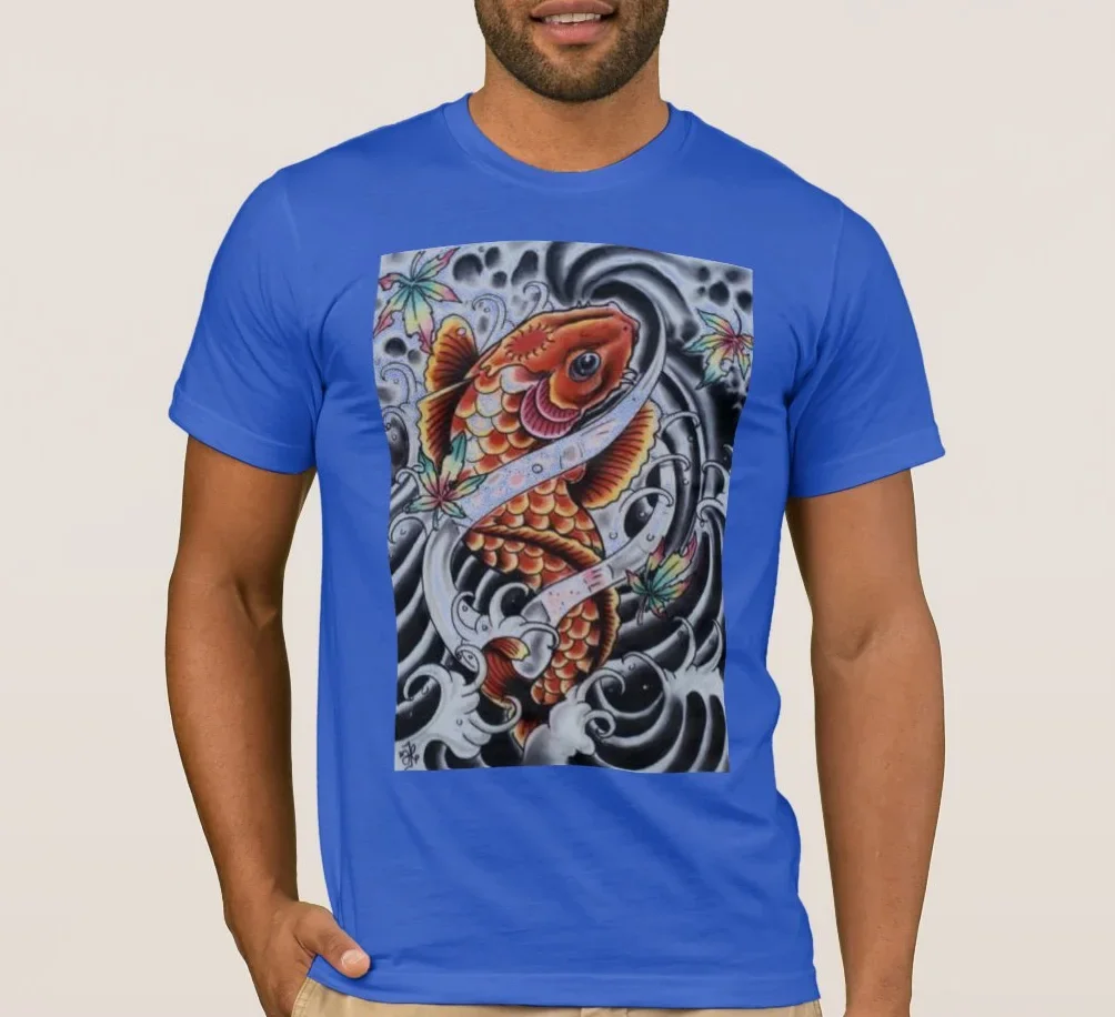 Colored KOI Tattoo Look Printed Premium T-Shirt. Summer Cotton Short Sleeve O-Neck Mens T Shirt New S-3XL