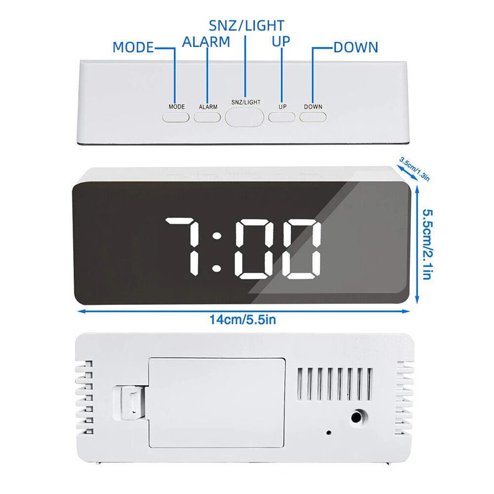Usb Charging Led Mirror Display 12/24 Hours 5 Functional Buttons Abs Smart Alarm Clock For Bedroom Decorate